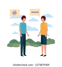 men in landscape with speech bubble avatar character
