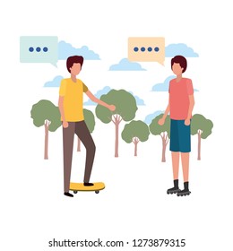men in landscape with speech bubble avatar character