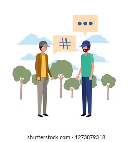 men in landscape with speech bubble avatar character