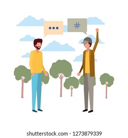 men in landscape with speech bubble avatar character