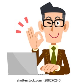 Men and laptop jacket wearing brown glasses indicating the sign of OK