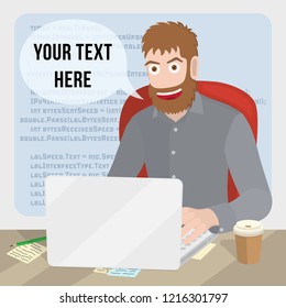 Men with laptop. Programming or coding banner flat design concept