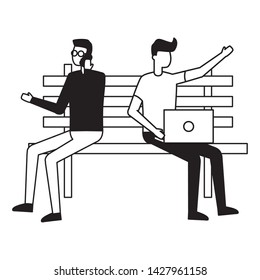 men with laptop and smartphone on bench park city talking bubble vector illustration