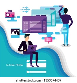 men with laptop and social media icons