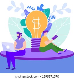 Men with Laptop and Tablet Work with New Idea. Idea Generation. Creating Business Ideas. Vector Illustration. New Technologies. Work at Laptop. Turn into Reality Thoughts. Electronic Media. Teamwork.