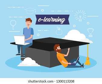 men with laptop technology and graduation cap