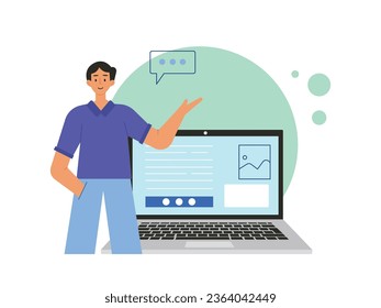 Männer und Laptops, die sich mit Passwörtern anmelden, Blogger-Accounts auf der Website. Zeichendesign. Vektorgrafik