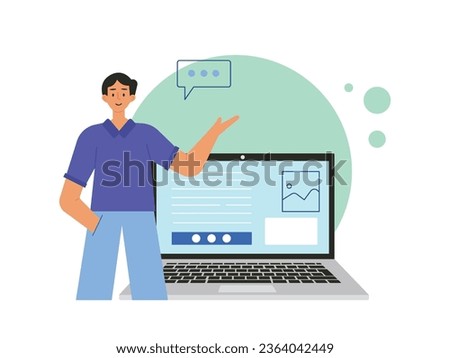 Men and laptops that login into with passwords, blogger accounts on the website. Character design. Vector flat illustration