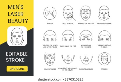 Men Laser Beauty, cosmetology icon set in vector, editable stroke, mole removal, tightens the lower and upper eyelids, nasolabial folds, mimic wrinkles, bags under the eyes