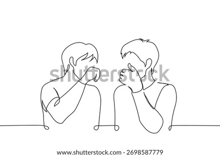 men laughing or whispering together, covering their mouths with their hands - one line vector. friends whisper, colleagues gossip, brothers laugh, flirting, couple. Handmade vector not AI