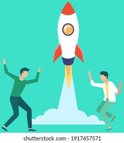 Men launch aircraft into space. Rocket takes off and leaves cloud. Guy are rejoicing at successful flight. Rocket flies into sky and releases fire. Male characters celebrate launch vector illustration