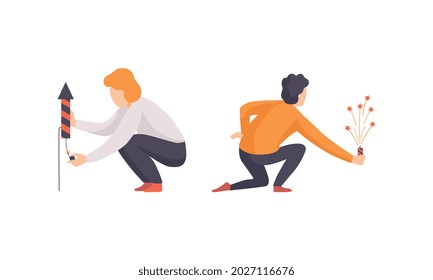 Men Launching Fireworks Set, Happy People Celebrating Holidays Flat Vector Illustration