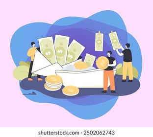 Men laundering money out of envelope full of dollar notes. Business people getting benefit from government finance and accepting bribes flat vector illustration. Criminal businessmen and fraud concept