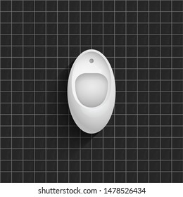Men lavatory, WC realistic vector element. Wall mounted ceramic urinal with flush buttons on black tites background