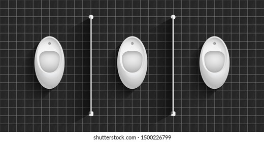 Men lavatory, WC realistic vector illustration. Public male toilet, contemporary restroom interior with no people. Empty, unoccupied toilette, washroom. Wall mounted ceramic urinals with flush buttons