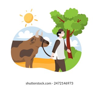 Men lead cow for Eid al-Adha sacrifice illustration. Eid al Adha celebration.