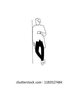 men lean against the wall simple line art vector illustration isolated on white background