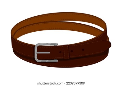 Men leather belt made of expensive dark leather, rolled into ring. Men belt with metal buckle, stitched and strong thread. Clothing accessories colored Vector isolated on white background