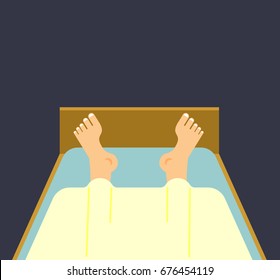 Men legs in bed sleep top view. Sleeping guy. man under blanket