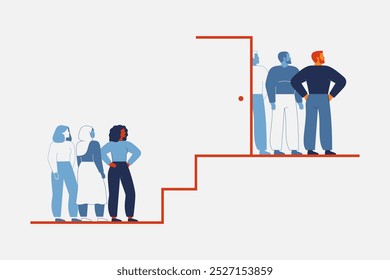 Men are level up from women and separated by a closed door. Limitation of females career growth and rights. Patriarchy and male dominance. Metaphor for business and social life. Vector illustration