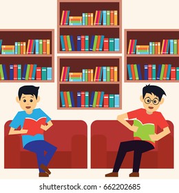 men in a library, working, reading a book. vector illustration