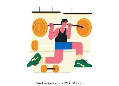 men lift up heavy money coins weight for strengthen economic and financial business Vector illustration design concept