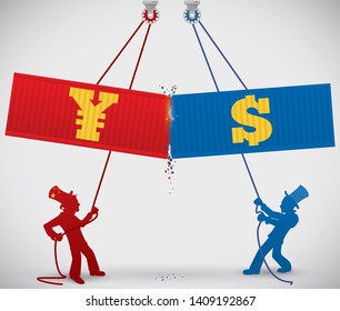 Men lifting and fighting with cargo containers, one with yuan symbol and the other with dollar symbol, representing the Trade War between China and U.S.A.