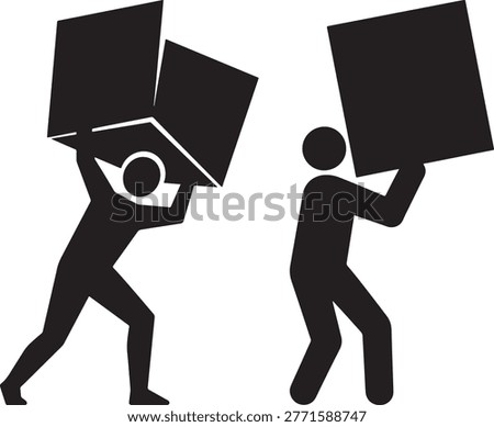 Men lifting and transporting heavy packages, graphic representation of effort.