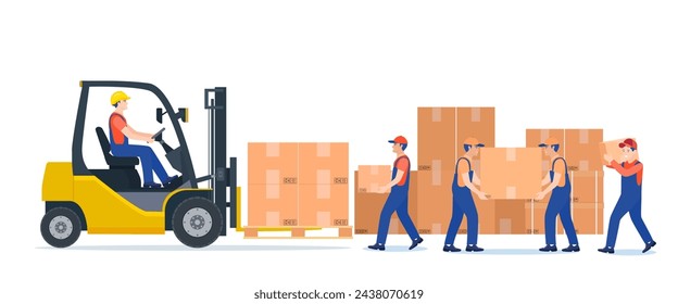 Hombres cargando cajas en montacargas. Servicio de entrega. aislado sobre fondo blanco. Entrega, logística y envío de carga. Almacén y equipo de almacenamiento. Ilustración vectorial en estilo plano