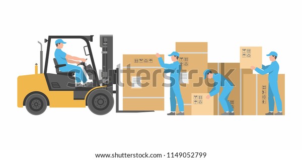 Men Loading Boxes On Forklift Delivery Stock Vector (royalty Free 