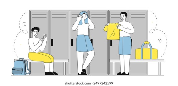 Hombres en el vestuario. Los jóvenes se cambian de ropa después del entrenamiento. Equipo deportivo en el gimnasio. Fitness y entrenamiento. Las Personas cambian la ropa deportiva por la ropa de calle. Ilustración vectorial lineal aislada sobre fondo blanco