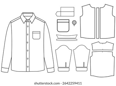 Men long sleeves shirt flat sketch vector illustration templet drawing mock up design

