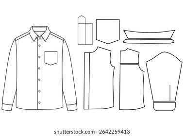 Men long sleeves shirt flat sketch vector illustration templet drawing mock up design

