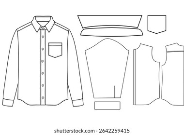 Men long sleeves shirt flat sketch vector illustration templet drawing mock up design

