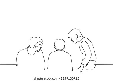 men look around watching a man sitting with his back to them - one line art vector. concept friends are worried, people around can or want to help or are curious