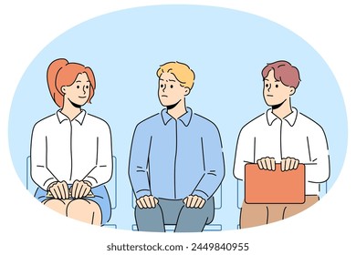 Men look at female job candidate sitting in line waiting for interview together. Male employees looking woman rival in office. Sexism and gender discrimination. Vector illustration.