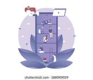 Men are looking for apps on their mobile phone. Vector illustration with Web communication idea for telework, remote working, social media
