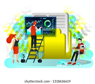 Men Looking For Data on Giant Folder Icon and Worker is Operating Search Data & Arrange Data in Folder. Vector Illustration For Web, Element, Banner, Mobile App, Presentation, UI. Flat Cartoon Style
