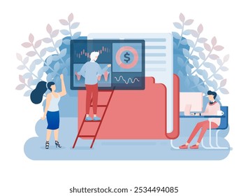 Men Looking For Data on Giant Folder Icon and Worker is Operating Search Data and Arrange Data in Folder