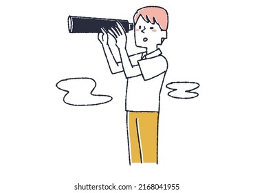 Hombres mirando lejos con un telescopio Gente mirando hacia el futuro en busca de ideas y conocimiento
