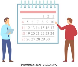 Men looking at month calendar and planning schedule. Businessmen analyze calendar and make monthly plan. People deal with time management and scheduling. Characters work with workflow organization