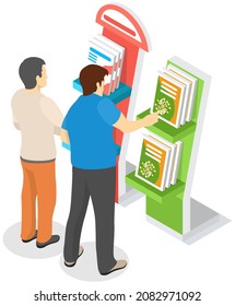 Men Looking At Presentation Stand With Product Catalogs. Advertising, Marketing Company, Promotion, Distribution Concept. Male Characters Choosing Books, Magazines. People Near Announcements On Rack