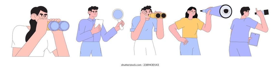 Men looking through binoculars, loupe or magnifying glass and woman through spy glass. Business metaphore for search or research, development, web surfing. Trendy outline characters for web design.