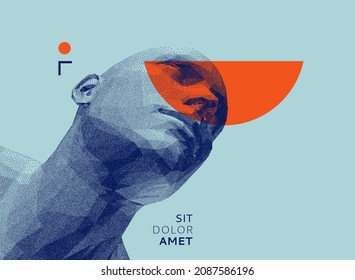 Men looking up. Abstract man head made from dots. Facial recognition. 3D vector illustration. 