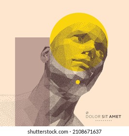 Men looking up. Abstract man head made from dots. Facial recognition. 3D vector illustration. 