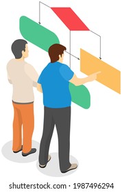 Men looking at whiteboard with schemes, programmer examining charts and info on board. Guys are working with data. Characters discuss while working with statistical graph. Profit sectorized diagram