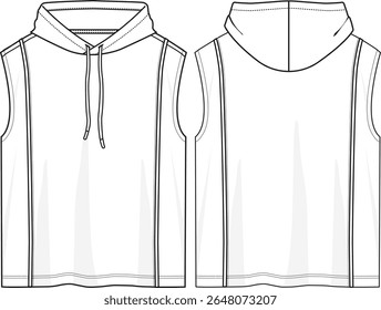 Homens soltos caber topo de tanque com capuz ativo com tubulações verticais cortar e costurar na frente e atrás corpos, sem mangas, capuz com cordão, esboço frente e atrás, vetores, básico topo de tanque, ative wear