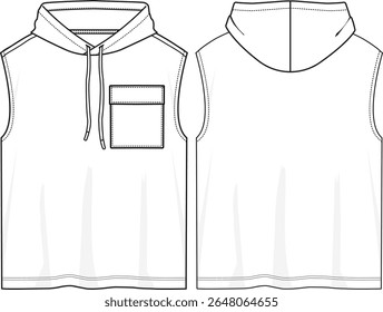 Homens soltos caber ativo sem mangas capuz top com patch bolso no lado do usuário esquerdo, capuz com cordão, bainha reta regular, esboço na frente e atrás, vetores, ative wear