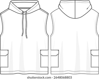 Homens soltos caber ativo sem mangas capuz top, bolsos de patch em cada lado dos corpos, capuz com cordão, esboço frente e atrás, vetores, roupas ativas, roupas básicas para homens, melhores itens 