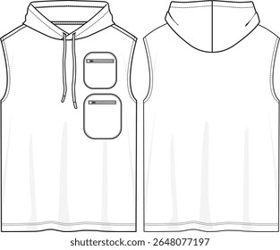 Homens soltos caber ativo sem mangas encapuzado top tanque com duplo patch bolso no lado do usuário esquerdo, capuz com cordão, bainha reta regular, esboço frente e trás, vetores, ative wear